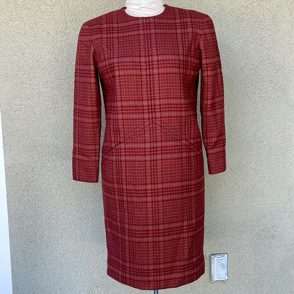 Carolyne Roehm vintage 80s plaid wool midi dress